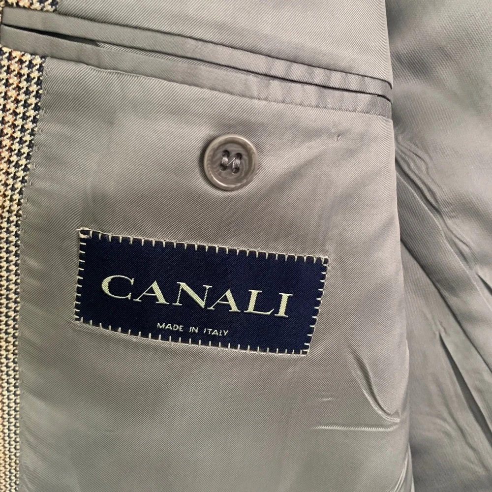 Canali Blazer Jacket Mens 44L Brown Silk Wool Houndstooth Sports Coat Made Italy